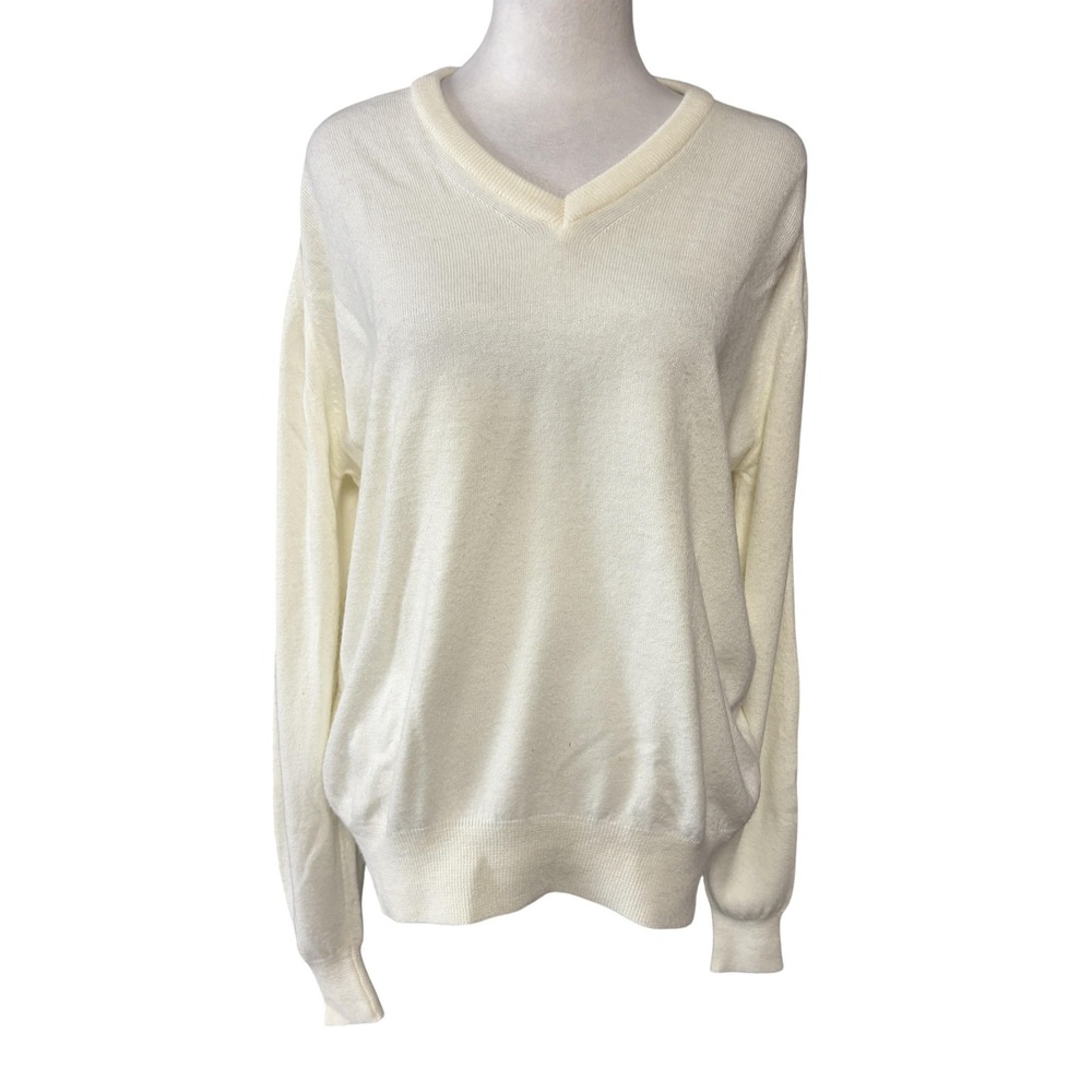 Vintage Mark Scot Sweater Womens Large White Acrylic V Neck Raglan Knit Pullover